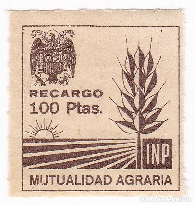 Sellos: Mutualidad Agraria. INP. 100 Pesetas. Recargo. Antiguo sello, p&oacute;liza, vi&ntilde;eta o fiscal.