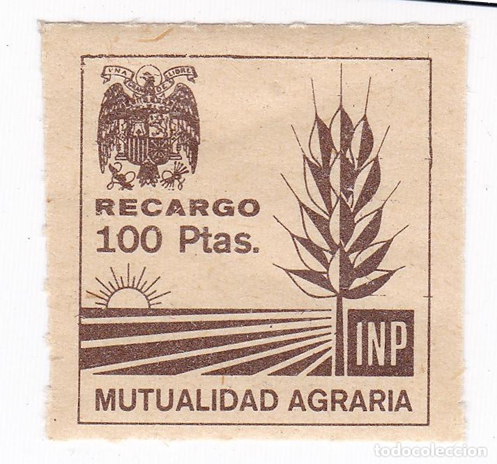 Sellos: Mutualidad Agraria. INP. 100 Pesetas. Recargo. Antiguo sello, p&oacute;liza, vi&ntilde;eta o fiscal.