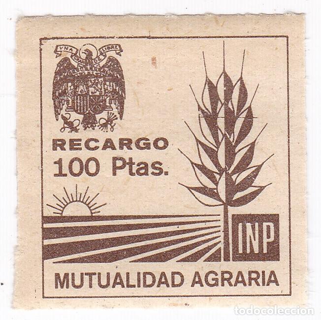 Sellos: Mutualidad Agraria. INP. 100 Pesetas. Recargo. Antiguo sello, p&oacute;liza, vi&ntilde;eta o fiscal.
