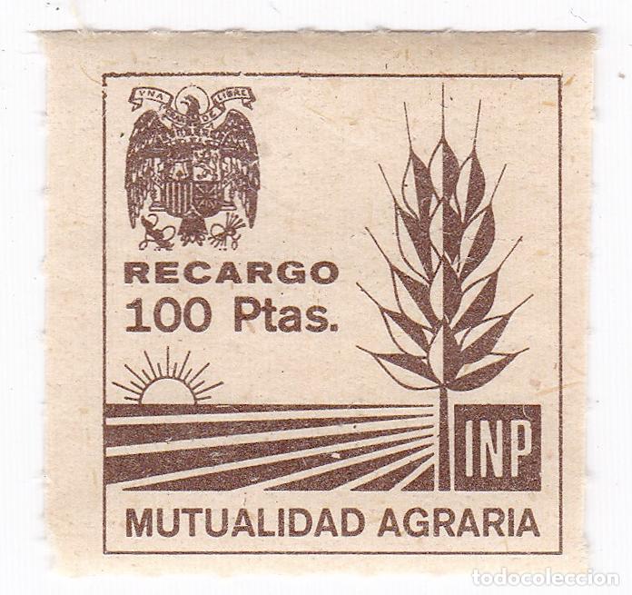 Sellos: Mutualidad Agraria. INP. 100 Pesetas. Recargo. Antiguo sello, p&oacute;liza, vi&ntilde;eta o fiscal.