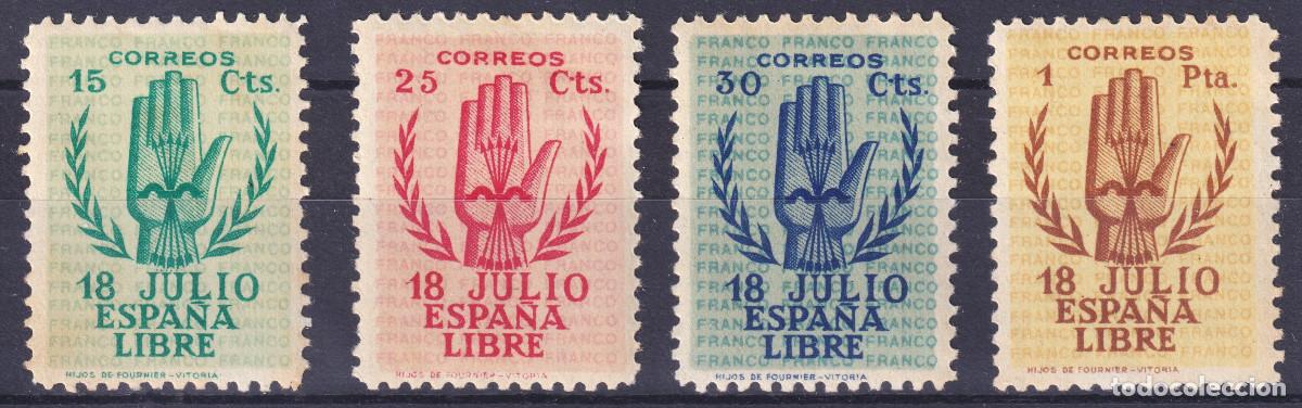 Sellos: ESPA&Ntilde;A ANIVERSARIO ALZAMIENTO NACIONAL (MANO) * 851/854 A&Ntilde;O 1938 - MH - COMPLETA