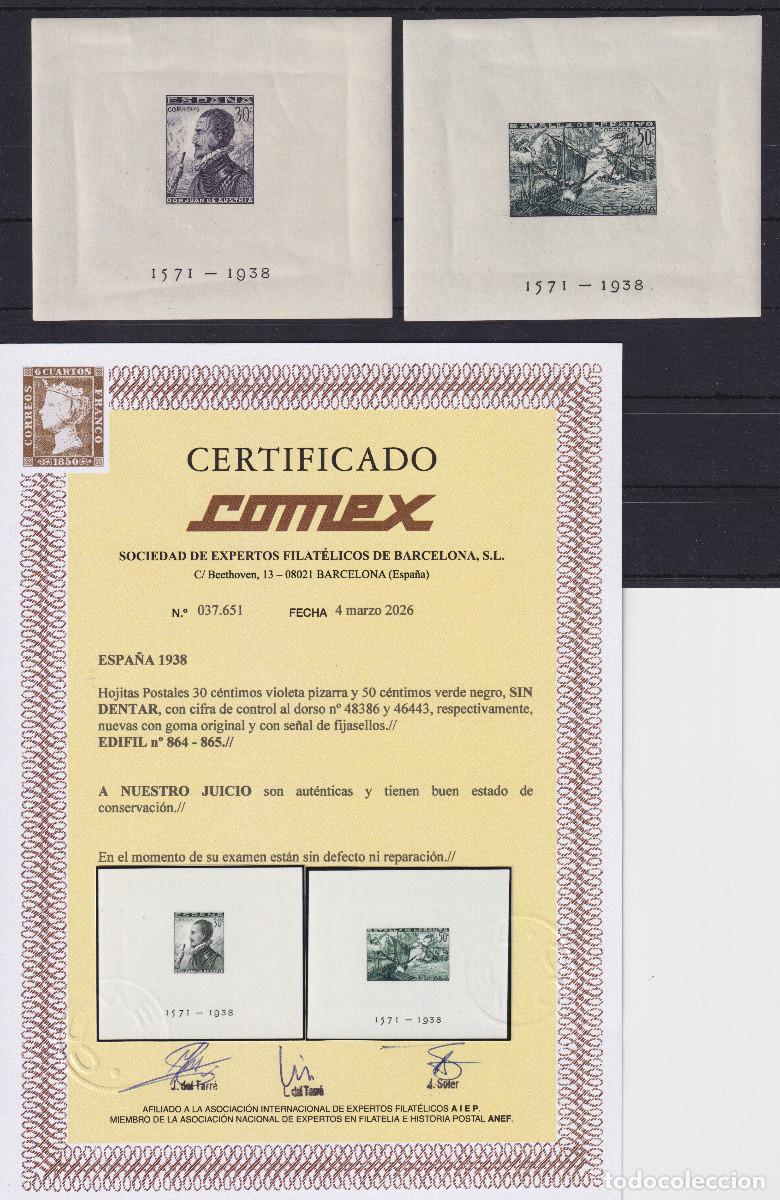 Sellos: ESPA&Ntilde;A HOJAS BLOQUE LEPANTO * 864/865 SIN DENTAR - A&Ntilde;O 1938 - CERTIFICADO COMEX