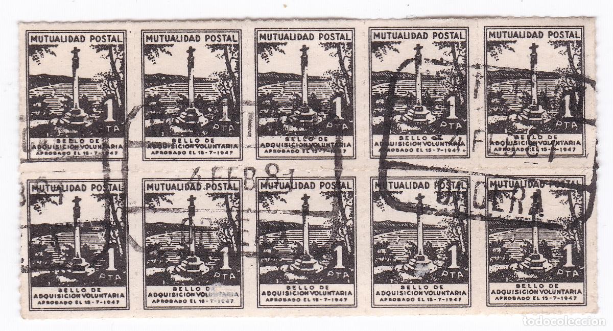 Sellos: Mutualidad Postal. 1 Peseta. A&ntilde;o 1947. Sello de adquisici&oacute;n voluntaria. Bloque de 10 sellos.