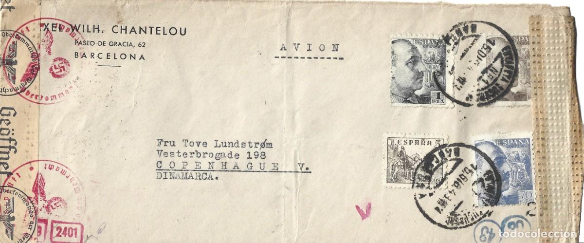 Sellos: 1943 CARTA 2&ordf; GUERRA MUNDIAL. BARCELONA A DINAMARCA OCUPADA CORREO A&Eacute;REO CENSURAS NAZI