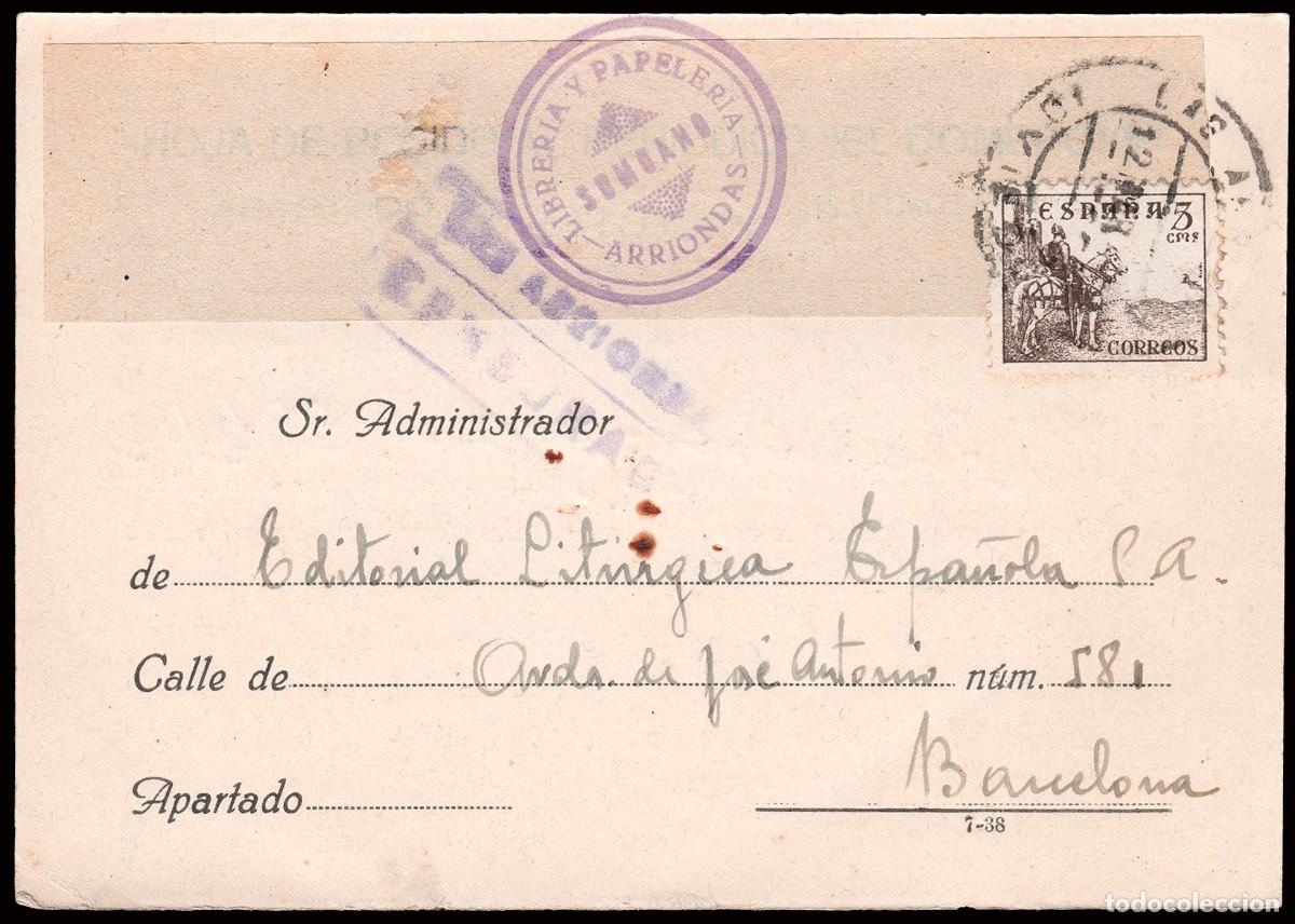 Sellos: Asturias - Edi o TP 816 - Postal Mat &rdquo;Arriondas 6/3/37&rdquo; + censura a Barcelona
