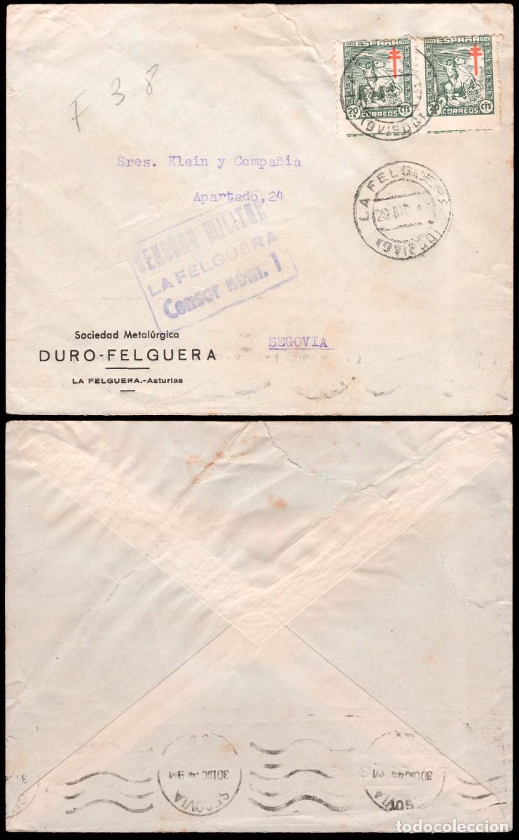 Sellos: Asturias - Edi o 985 Pareja - Sobre Mat &rdquo;La Felguera 29/Dic./44&rdquo; + &rdquo;Censura Militar - La Felguera...