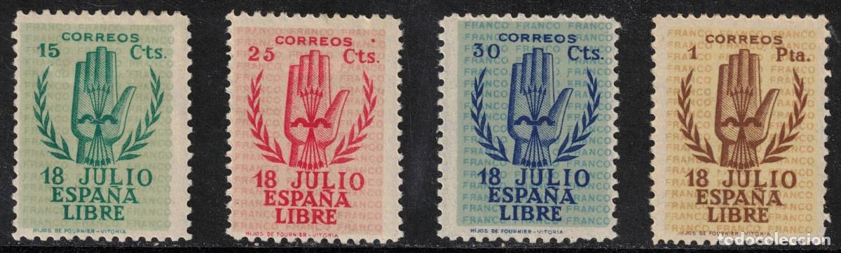 Sellos: ESPA&Ntilde;A ANIVERSARIO ALZAMIENTO NACIONAL (MANO) * 851/854 A&Ntilde;O 1938 - MH - COMPLETA