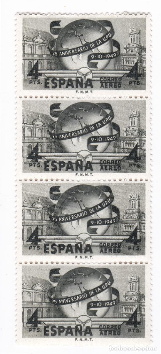 Sellos: Bloque de 4. Espa&ntilde;a 1949. LXXV Aniversario de la U.P.U. Sello 4 Pesetas A&eacute;reo. Edifil 1065. MNH ***