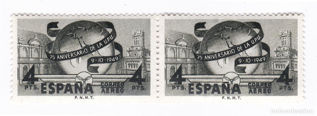 Sellos: Bloque de 2. Espa&ntilde;a 1949. LXXV Aniversario de la U.P.U. Sello 4 Pesetas A&eacute;reo. Edifil 1065. MNH ***