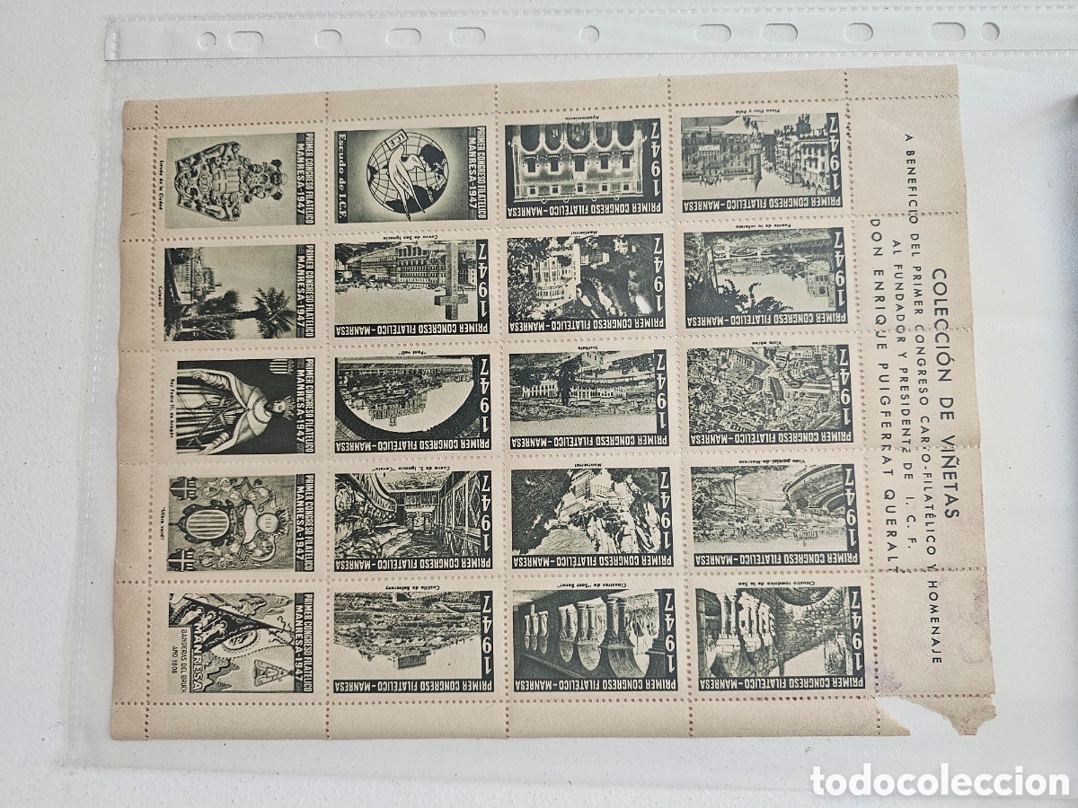 Sellos: ​Pliego Vi&ntilde;etas Primer Congreso Filat&eacute;lico Manresa 1947 - Enrique Puigferrat