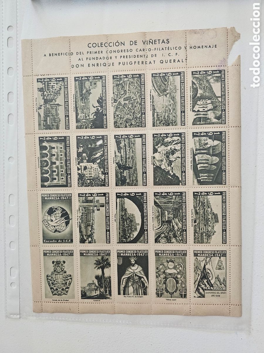 Sellos: ​Pliego Vi&ntilde;etas Primer Congreso Filat&eacute;lico Manresa 1947 - Enrique Puigferrat
