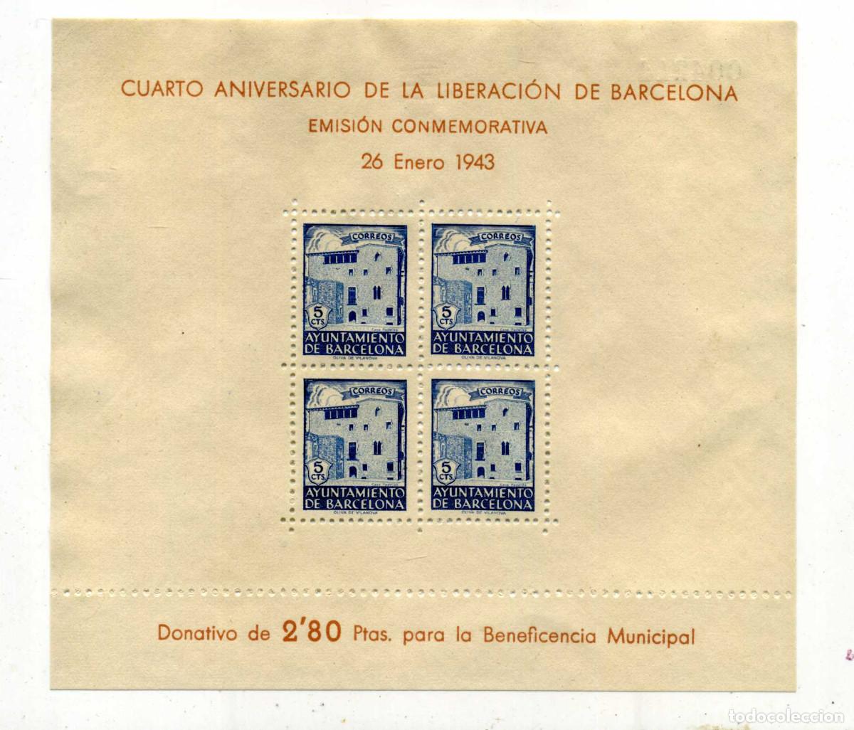 Sellos: XS- BARCELONA 1943 Hojitas Bloque Liberaci&oacute;n Edifil 47-48 MH* Leed descripci&oacute;n