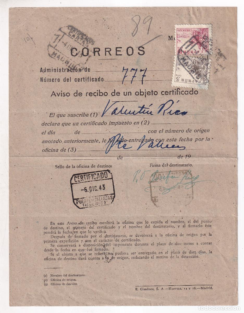 Sellos: AVISO DE CERTIFICADO. MADRID. PUENTE DE VALLECAS. 1943