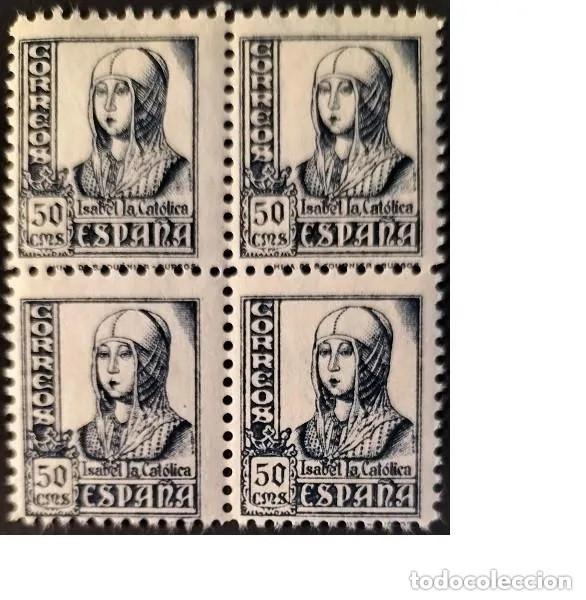Timbres: BLOQUE DE 4 Edifil 825 nuevo sin fija sellos MNH Espa&ntilde;a 1937 40 AUTENTICOS Cifras Cid e Isabel