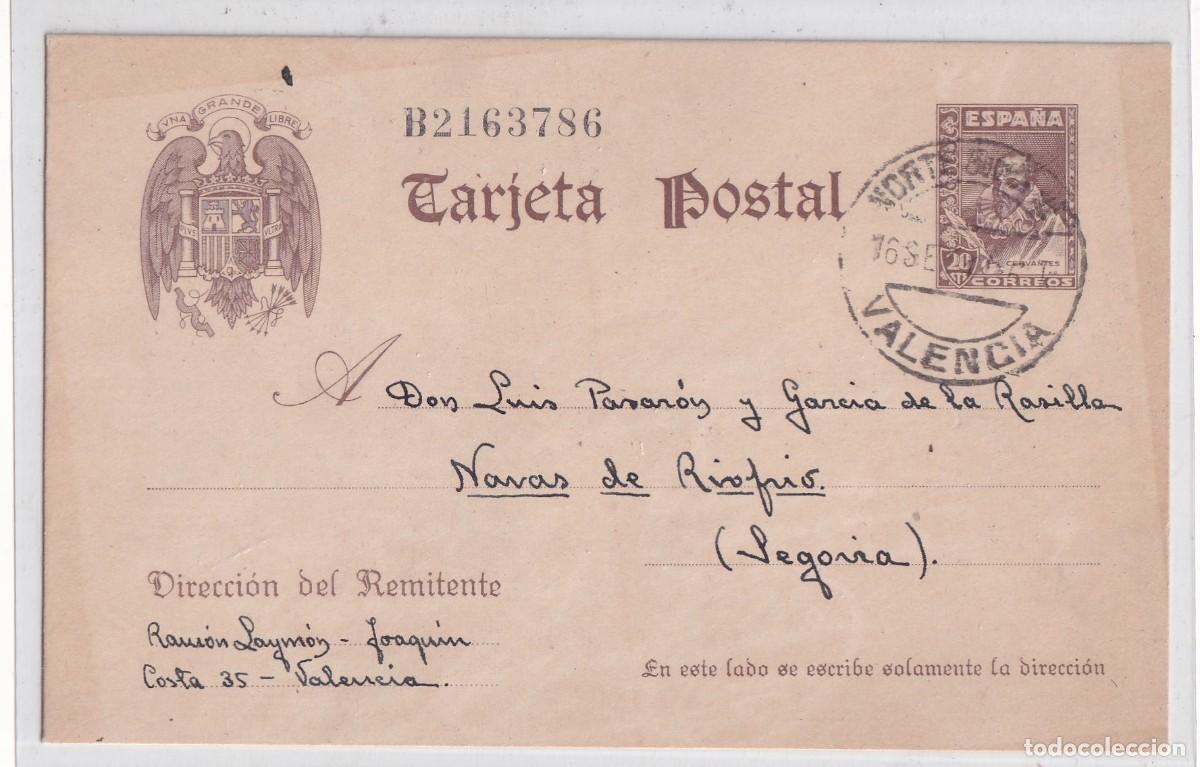 Francobolli: Entero postal Cervantes. Norte Buzones Valencia. Enviada a Navas de Riofrio Segovia.