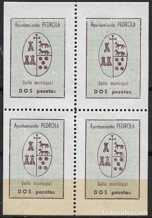 Sellos: Sello Municipal, PEDROLA, Zaragoza, 1 pta verde y negro * * precioso Bloque de 4