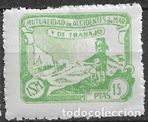 Sellos: Mutualidad de Accidentes de Mar y de Trabajo, 15 ptas. verde manzana * *