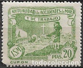 Sellos: Mutualidad de Accidentes de Mar y de Trabajo, 20 ptas. verde amarillo * *