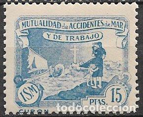 Sellos: Mutualidad de Accidentes de Mar y de Trabajo, 15 ptas. azul * *