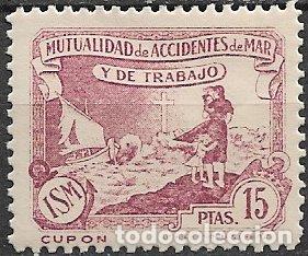 Sellos: Mutualidad de Accidentes de Mar y de Trabajo, 15 ptas. casta&ntilde;o lila * *