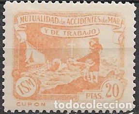 Sellos: Mutualidad de Accidentes de Mar y de Trabajo, 20 ptas. naranja * *