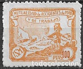 Sellos: Mutualidad de Accidentes de Mar y de Trabajo, 100 ptas. ocre naranja * *