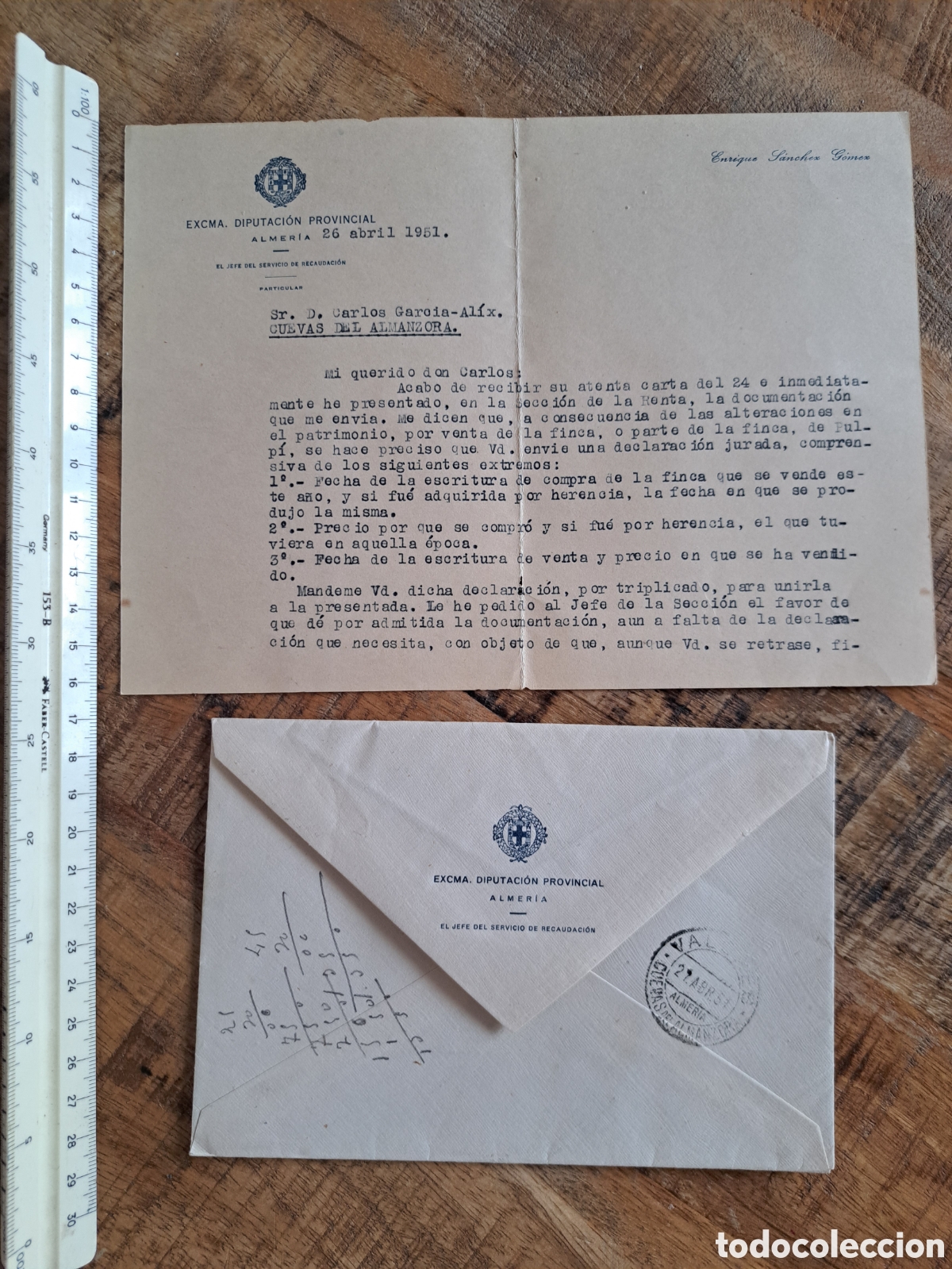 Sellos: Jml Carta sellos 3 cts franco Diputacion Provincial Almeria, Servicio Recaudacion 1951. Cuevas Alman