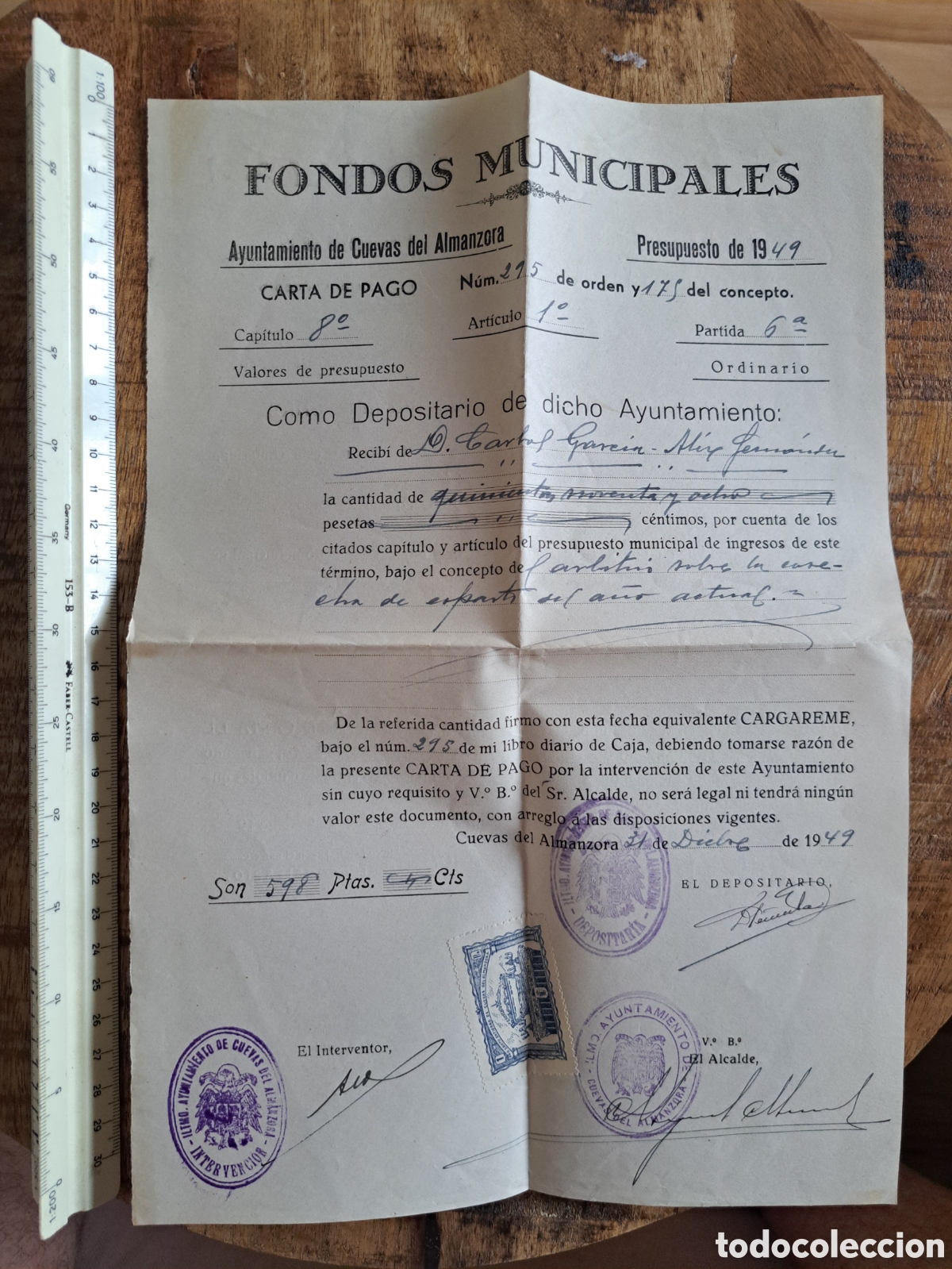 Sellos: Jml Carta pago Fondos Municipales Cuecas Almeria, sello 1 pta Pro entierro de Cuevas del Almanzora.