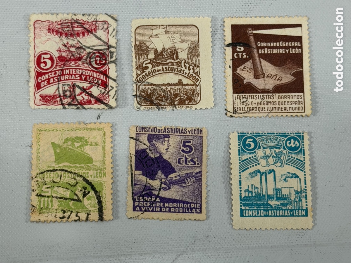 Sellos: Lote 6 sellos Guerra Civil Espa&ntilde;ola &ndash; Consejo de Asturias y Le&oacute;n 1936-1937