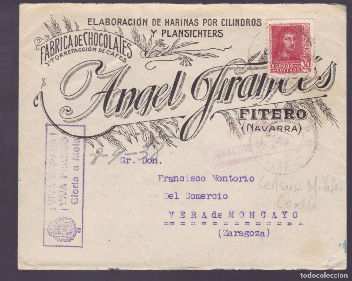 Sellos: F27-2- Carta Ilustrada Chocolates FITERO (Navarra)- VERA MONCAYO (Zaragoza) . Censura CORELLA