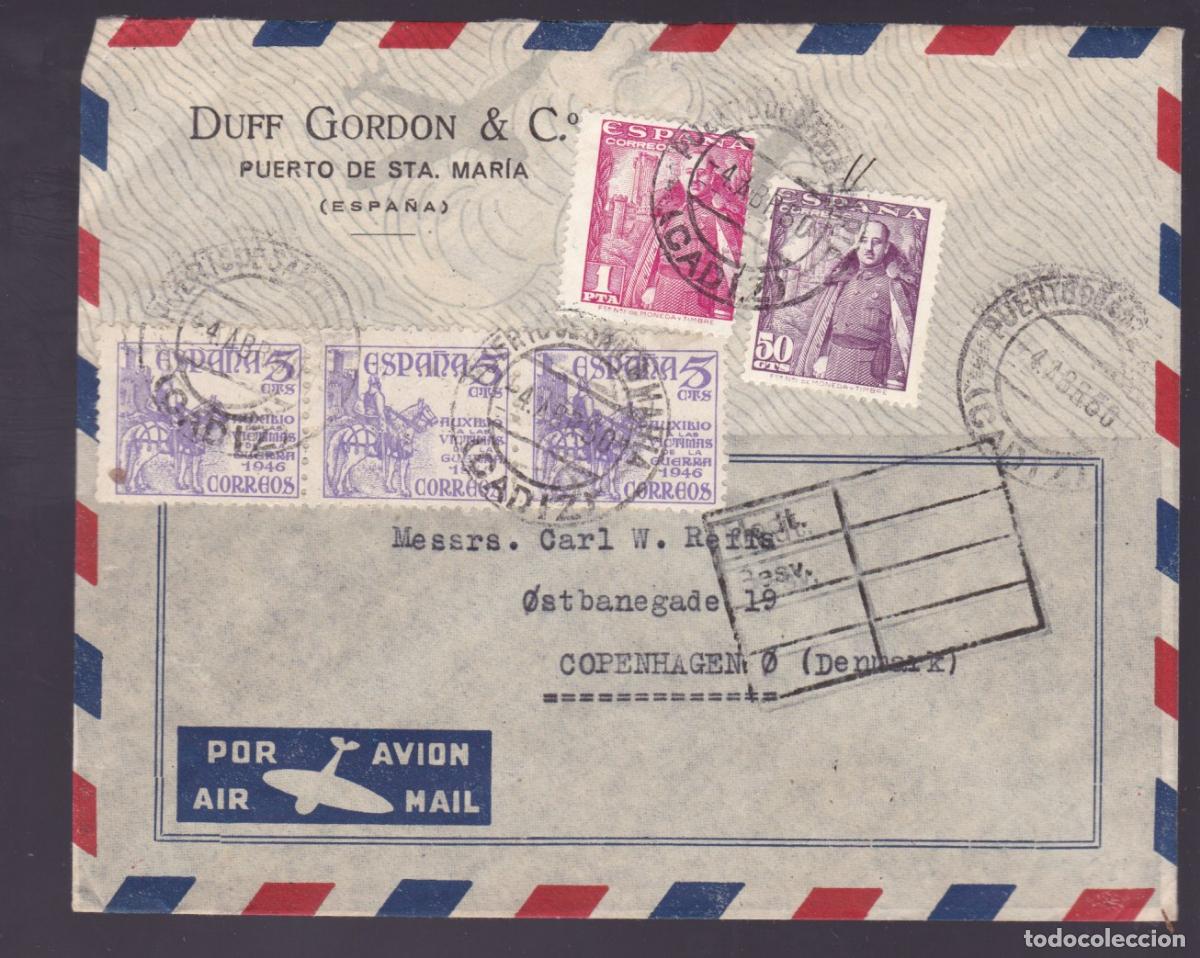 Sellos: F27-2- Carta Correo A&eacute;reo PUERTO SANTA MARIA (C&aacute;diz)-DINAMARCA 1950. Raro Franqueo VICTIMAS GUERRA