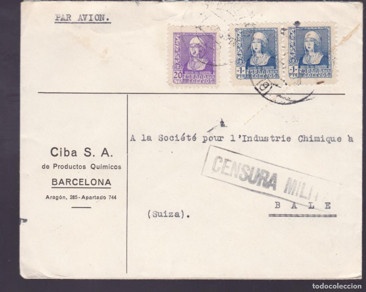 Sellos: F27-3- Carta BARCELONA -SUIZA 1939 Censura Bonito FRANQUEO Isabel 1 Pta Pareja y 20 Cts