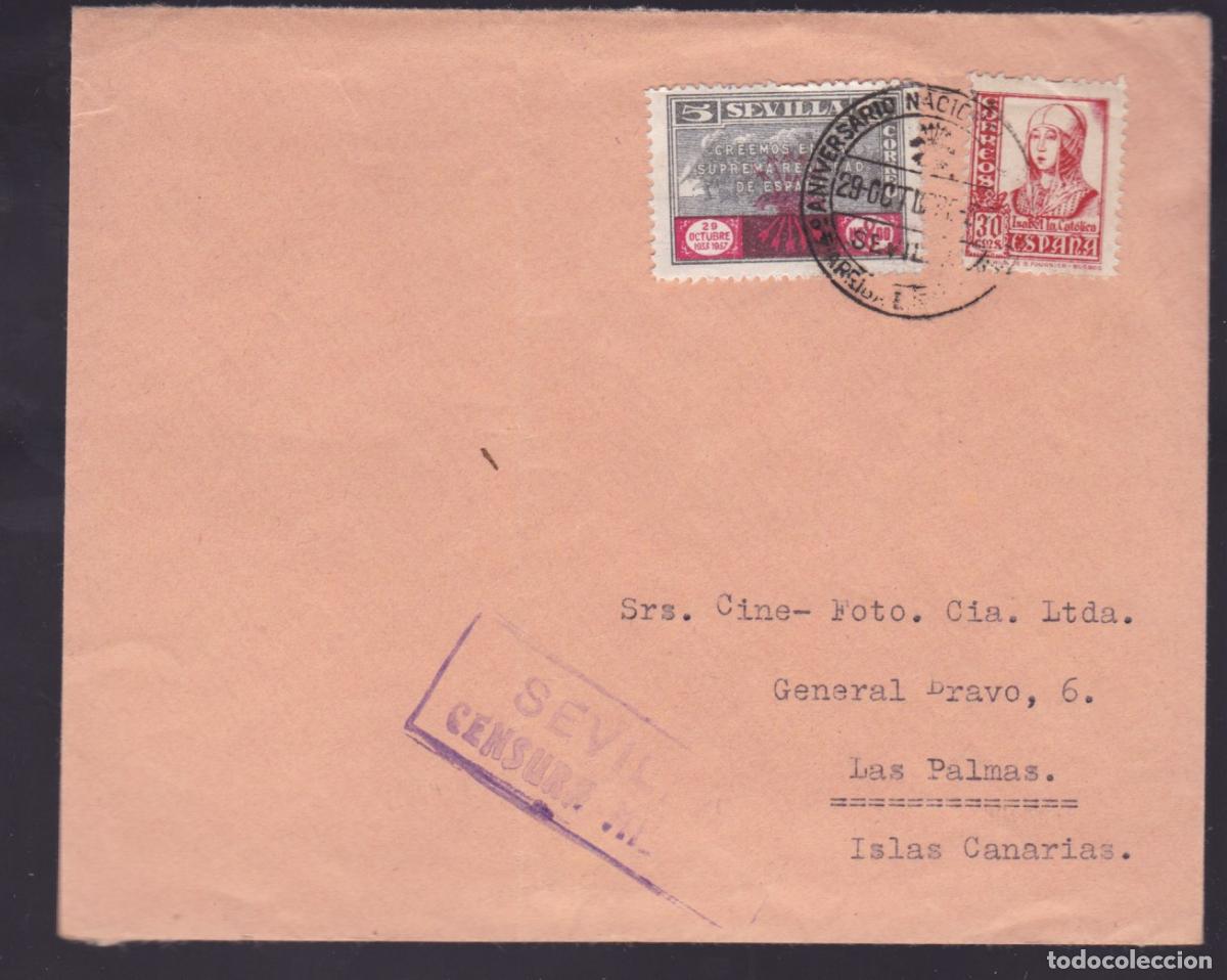Sellos: F27-4- Carta SEVILLA-CANARIAS .1937. Censura. Matasellos y Vi&ntilde;eta FALANGE