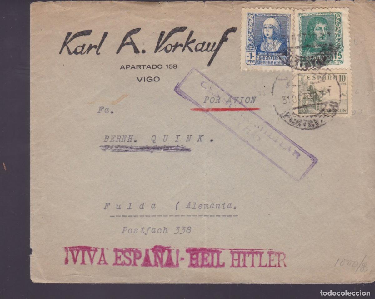 Sellos: F27-4- Carta VIGO -ALEMANIA 1938. Censura y RARO Tamp&oacute;n Rojo VIVA ESPA&Ntilde;A- HEIL HITLER