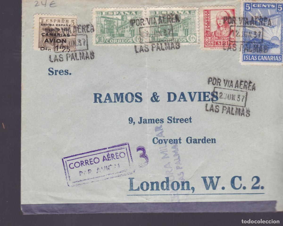 Sellos: F27-5- Carta LAS PALMAS - LONDRES 1937, Bonito Franqueo Cuatriculor, Local y Ben&eacute;fico