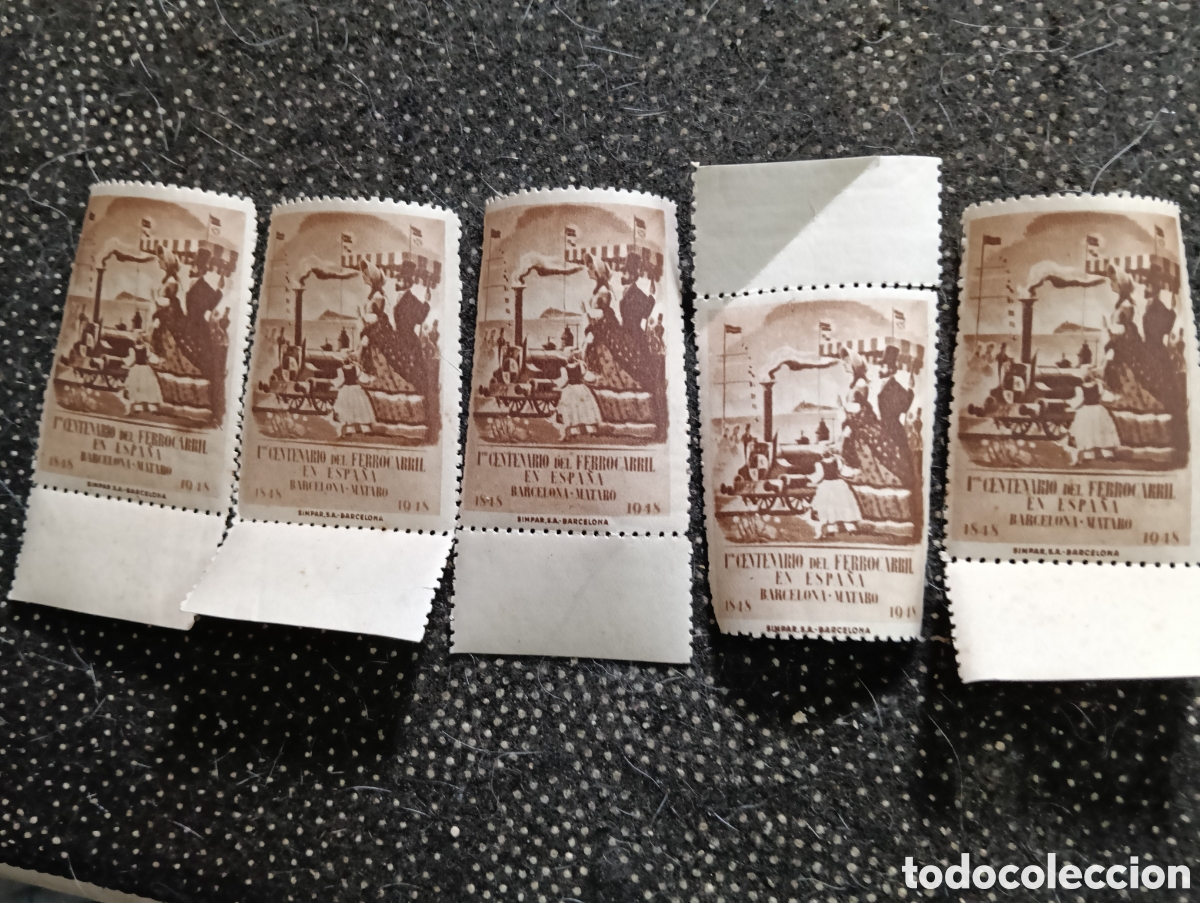 Sellos: Lote de 5 sellos del primer centenario del ferrocarril en Espa&ntilde;a, espec&iacute;ficamente la l&iacute;nea Barcelona