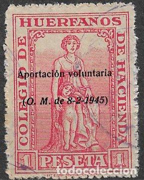 Sellos: VI&Ntilde;ETAS. Colegio de Hu&eacute;rfanos de Hacienda, 1 pta. rojo (o) sobrecarga en negro