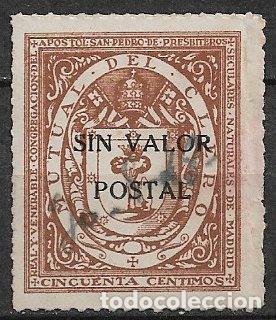 Sellos: VI&Ntilde;ETAS. Mutual del Clero de Madrid, 50 cts. Casta&ntilde;o (*) sobrecarga en negro SVP