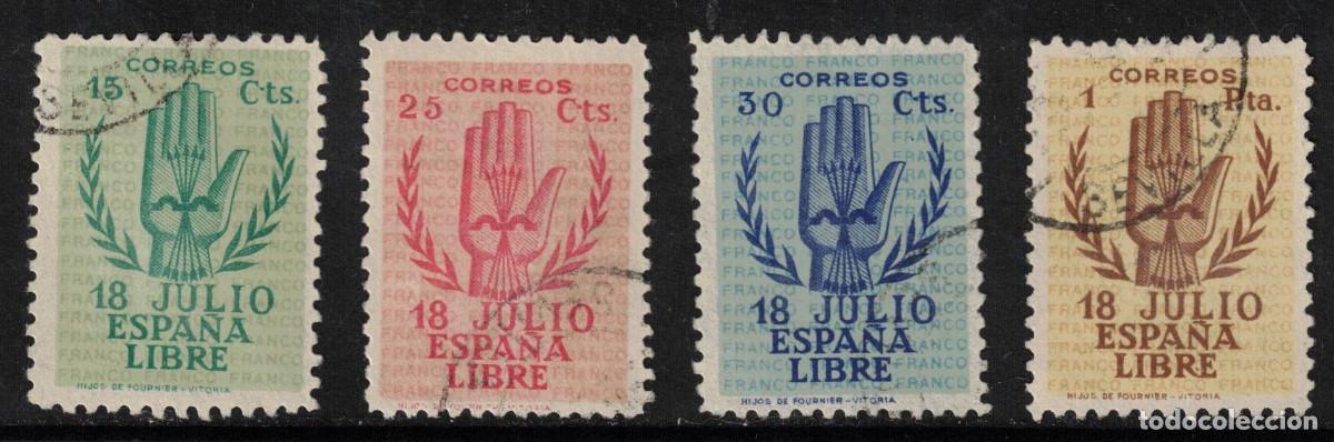 Sellos: ESPA&Ntilde;A ANIVERSARIO ALZAMIENTO NACIONAL ( MANO ) &ordm; 851/854 A&Ntilde;O 1938 - COMPLETA