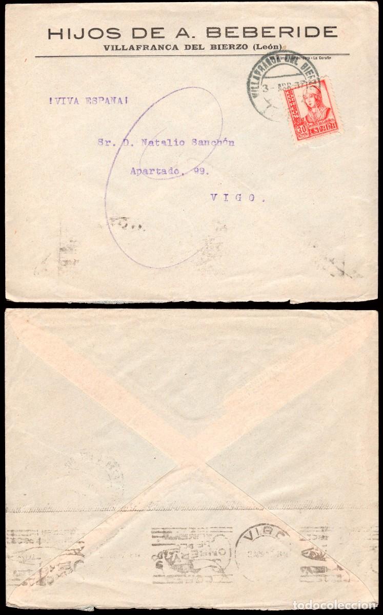 Sellos: Le&oacute;n - Edi o 823 - Sobre Mat &rdquo;Villafranca del Bierzo 3/IV/37&rdquo;