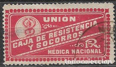 Sellos: VI&Ntilde;ETAS Uni&oacute;n M&eacute;dica Nacional. Caja de Resistencia y Socorros, 5 ptas. rojo (o)