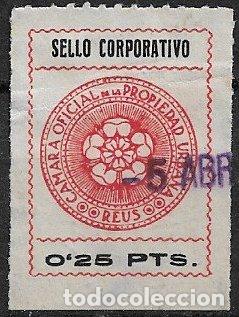 Sellos: VI&Ntilde;ETAS C&aacute;mara Oficial de la Propiedad Urbana, REUS, 25 cts. negro y rojo (o)