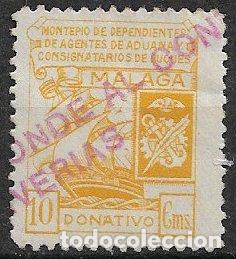 Sellos: VI&Ntilde;ETAS Montep&iacute;o de dependientes de Aduanas consignatarios de Buques, 10 cts. amarilla (o) M&aacute;laga