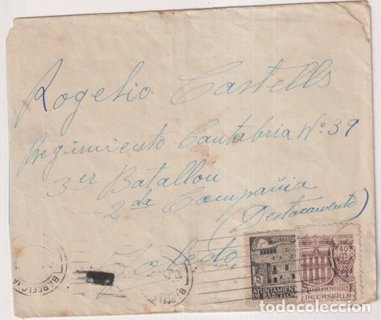 Sellos: Sobre de Barcelona a R. C. Regimiento Cantabria n&ordm; 39, 3er Batall&oacute;n, 2&ordf; Compa&ntilde;&iacute;a. (destacamento)...