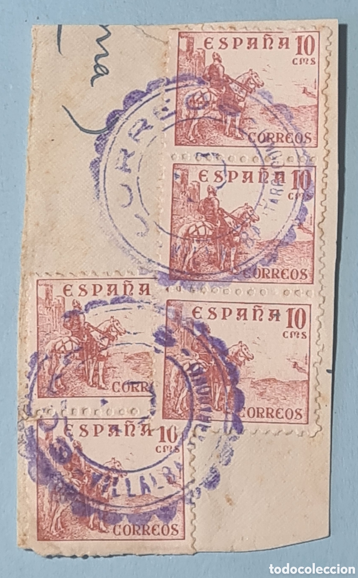 Sellos: CARTERIA ESPECIAL - VILLALBA TARRAGONA - RARA MARCA COMPLETA SOBRE FRAGMENTO - EDIFIL 1045 (x 5)