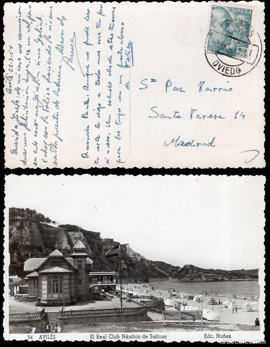Sellos: Asturias - Edi o TP 1053 - Postal &rdquo;Salinas - Club N&aacute;utico&rdquo; - Mat &rdquo;Avil&eacute;s 3/Jul./54&rdquo;