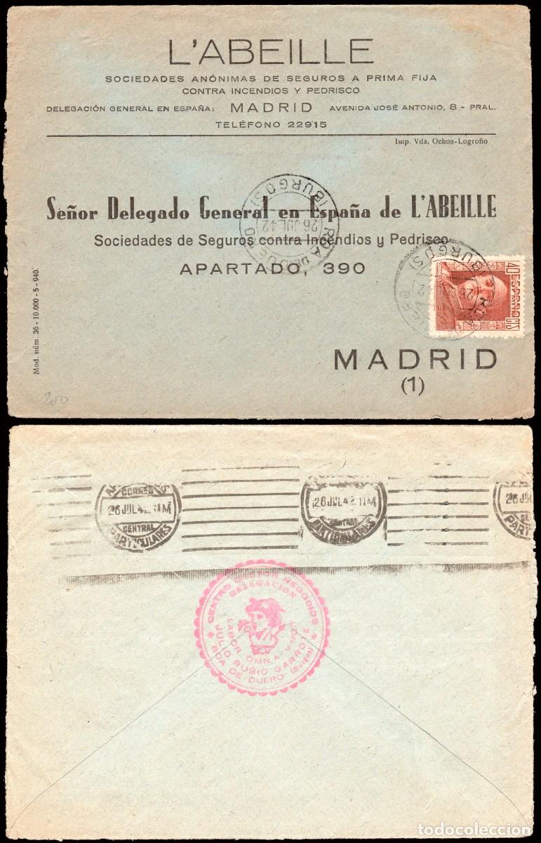 Sellos: Burgos - Edi o 953 - Sobre Mat &rdquo;Roa de Duero 26/Jul./42&rdquo;