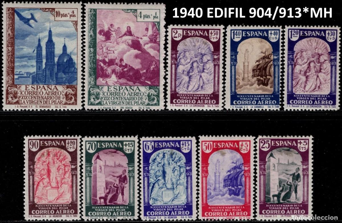 Sellos: ESPA&Ntilde;A, 1940 EDIFIL 904/913*MH, Centenario de la Virgen del Pilar a Zaragoza, Correo a&eacute;reo