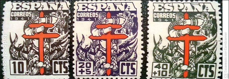 Sellos: Espa&ntilde;a. 948/50 Pro Tuberculosos: Cruz de Lorena en rojo. 1941. Sellos nuevos y numeraci&oacute;n Edifil.