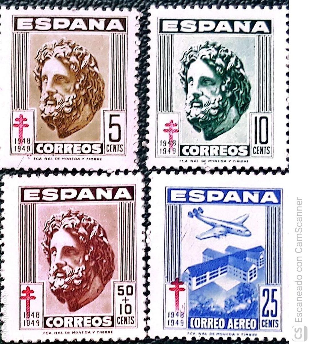 Sellos: Espa&ntilde;a. 1040/43 Pro Tuberculosas: Esculapio y Sanatorio con avi&oacute;n. 1948. Sellos nuevos y numeraci&oacute;n